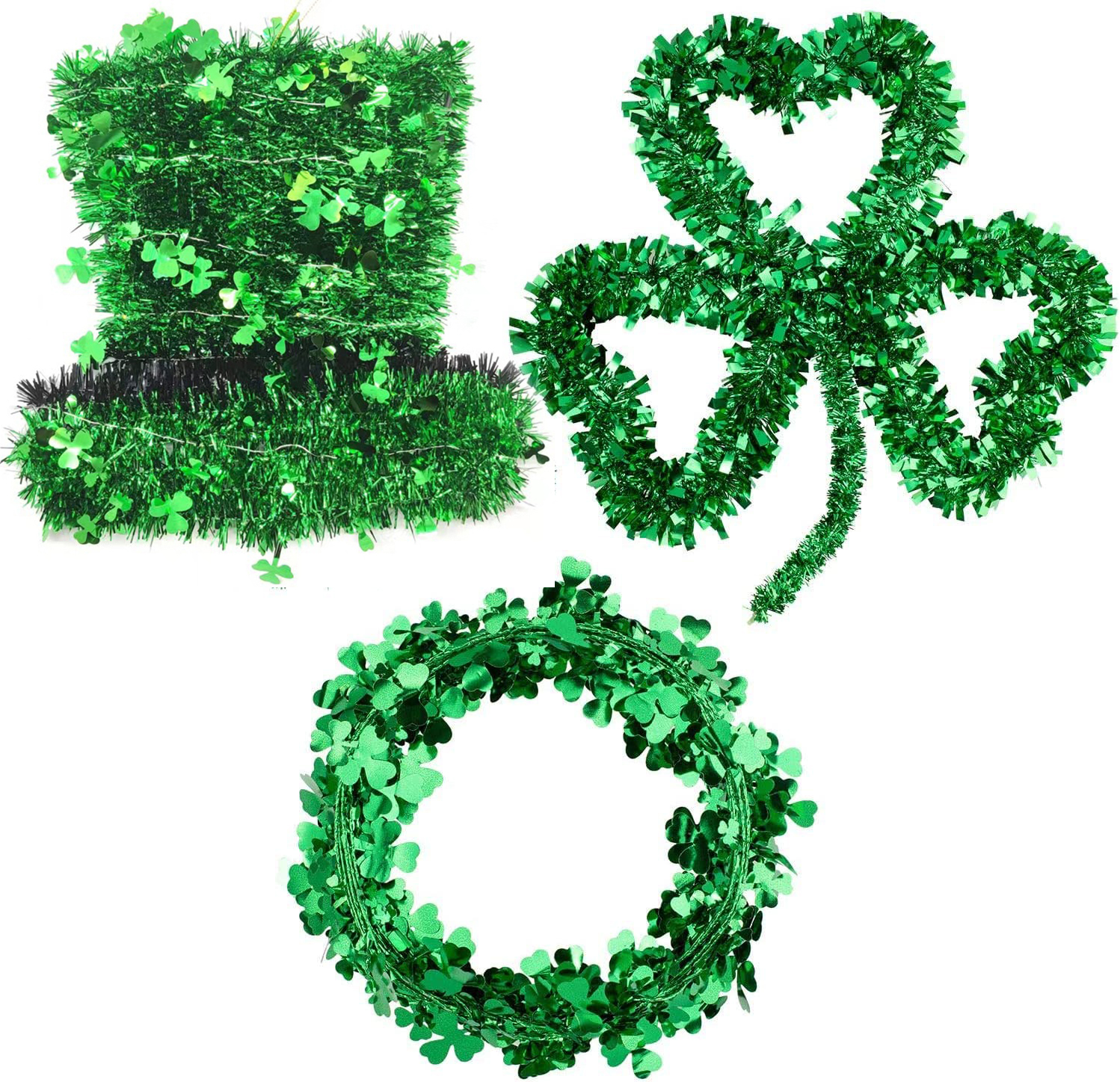 Aunavey 3 Pack St. Patrick’s Day Green Tinsel Shamrock Wreath Wire Garland LED Leprechaun Hat for Irish Party Favor Home Wall Decorations